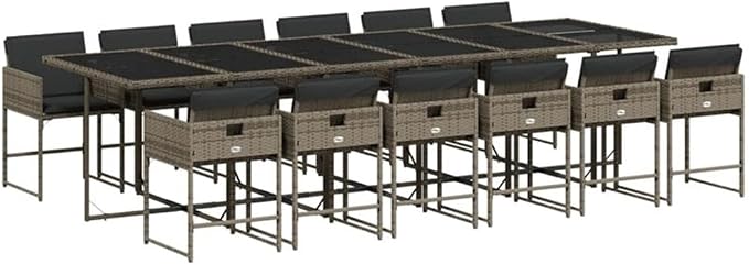 Afuera Living Contemporary PE Rattan Garden Dining Set, Gray Texture, 12-Seater Table and Chairs, Cushioned Seats, Weather-Resistant for Outdoor Patio, Garden, Terrace Dining and Social Gatherings
