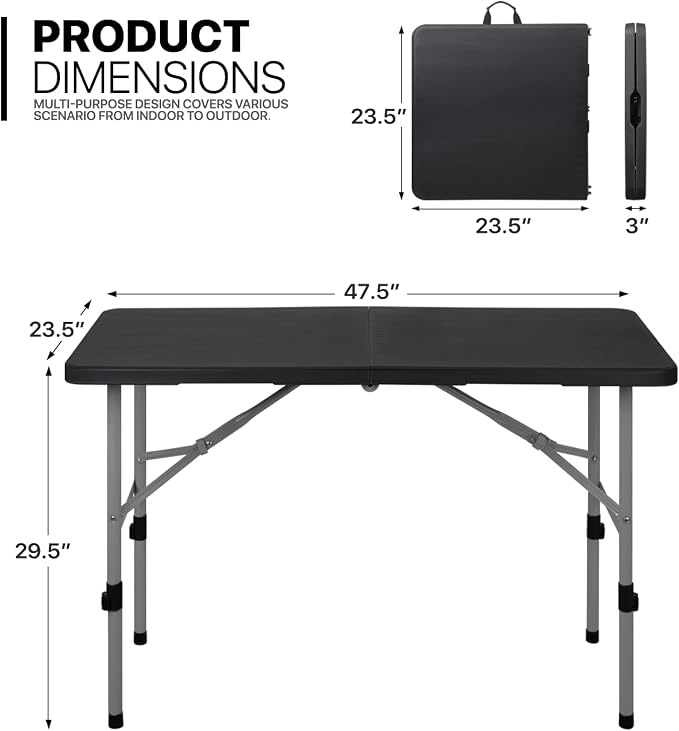 MoNiBloom 4Ft Folding Card Table, Outdoor Foldable Small Portable Plastic Dining Picnic Cookout Table w/Handle, Black