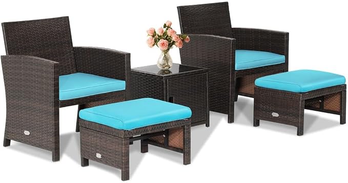 55PCS Patio Rattan Furniture Set Ottoman Cushion W/Cover Space Saving Turquoise