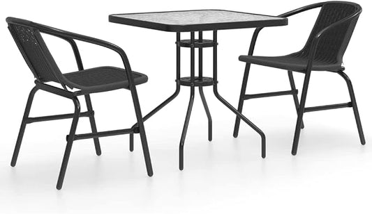 3-Piece Patio Dining Set with Glass Table and 2 Rattan Chairs | Features a square tempered glass table and stackable chairs, ideal for balconies and small outdoor spaces.