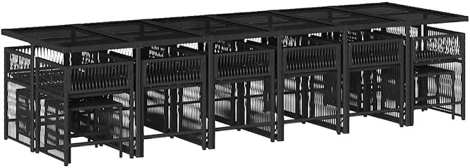 17-Piece Garden Dining Set, 16Person Patio Furniture Set with Large Rectangular Table, 12 Foldable Chairs, 4 Stools, Black Poly Rattan and Cream Cushions for Backyard