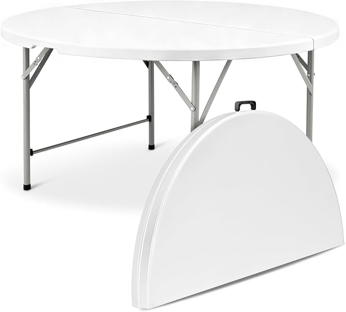 Athena Collection Folding Table, Portable Plastic Round Table Foldable Card Table, Indoor Outdoor Collapsible Craft Desk Dining Table with Lock & Handle for Commercial Event Party Camping, White