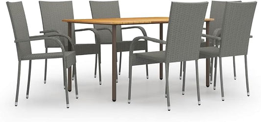 7 Piece Patio Dining Set with Solid Acacia Wood Table and Stackable PE Rattan Chairs