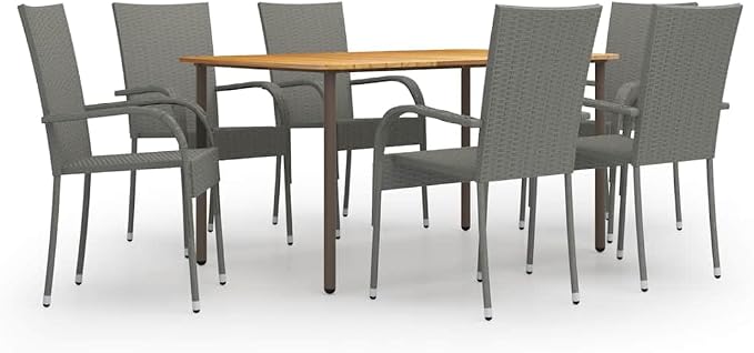 7 Piece Patio Dining Set Poly Rattan Gray Outdoor Table and Chairs with Acacia Wood Top Stackable Seats for Garden Deck Backyard Dining