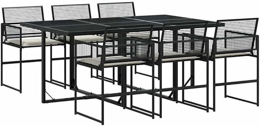 Afuera Living 7-Piece Patio Dining Set, Poly Rattan and Powder-Coated Steel, Black and Cream Finish, UV-Resistant Cushions, Tempered Glass Tabletop, Outdoor Use, Garden, Patio, Terrace Seating for 6