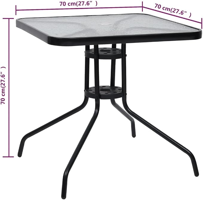 vidaXL Patio Table, Outdoor Dining Table with Glass Top, Garden Table for Front Porch Deck Lawn Backyard Balcony, Modern Style, Black Steel