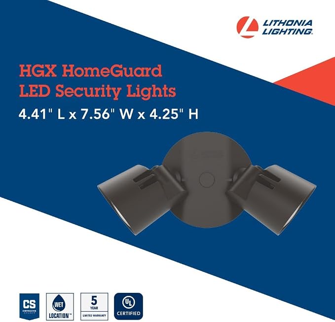 Lithonia Lighting HomeGuard 2-Light LED Outdoor Flood Lights, 4000K, Bronze | Dark Bronze Wall or Ceiling Mount LED Outdoor Lights, 4000K Cool White, Round Heads (HGX LED 2RH 40K 120 DDB M2)