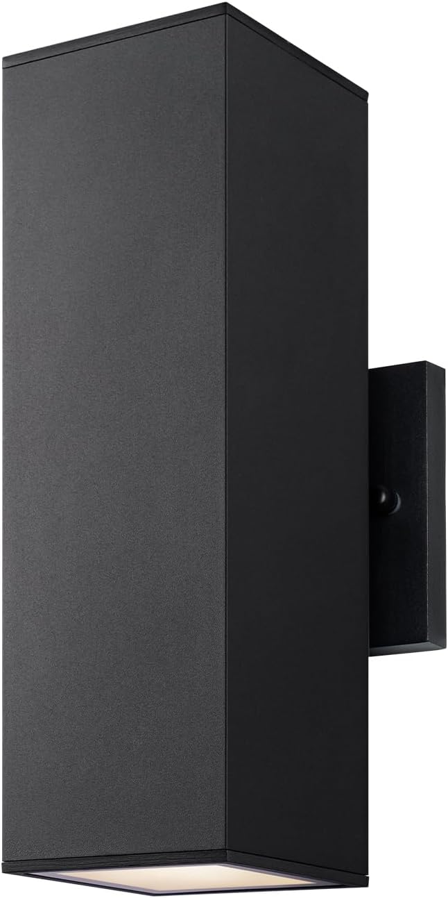 mirrea 12" Modern Outdoor Porch Light in 2 Lights, Matte Black, 1 Pack | Patio wall sconce, aluminum rectangular tube, tempered glass, waterproof. Up & down lighting for outdoor wall mount fixture.