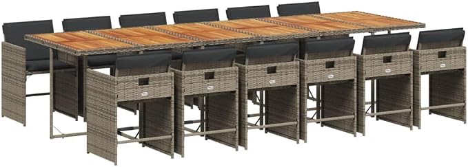 13 Piece Patio Dining Set with Cushions Gray Poly Rattan Outdoor Furniture Table and 12 Chairs for Garden Backyard Deck Entertaining Space Saving Foldable