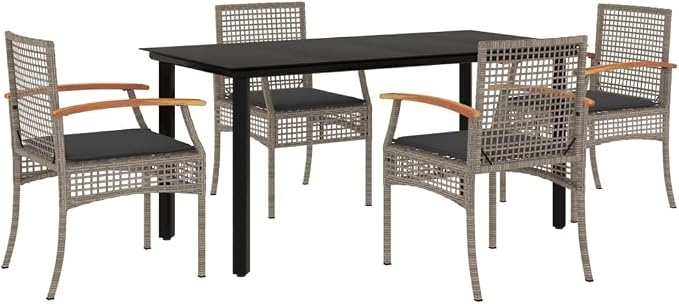 5 Piece Outdoor Patio Dining Set with Cushions Gray Poly Rattan, PE Wicker Dining Table and 4 Chairs with Padded Seats, Tempered Glass Top for Garden Backyard Poolside, UV-Proof Steel Frame
