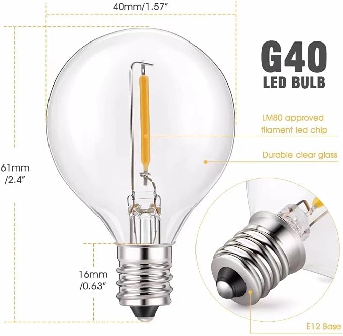 100FT Outdoor String Lights with 102 Shatterproof G40 LED Clear Globe Bulbs for Indoor/Outdoor, 2-Pack 50FT Connectable Hanging Lights for Party Decor