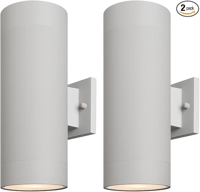 mirrea 14" Modern Outdoor Porch Light in 2 Lights, Matte Gray, 2 Pack | Aluminum cylinder exterior fixtures, tempered glass cover, waterproof wall sconce & patio light for outdoor use.