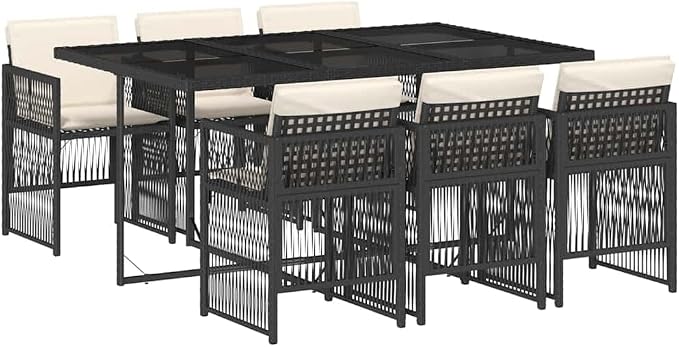 7 Piece Patio Dining Set with Cushions Black Poly Rattan Outdoor Table and 6 Chairs for Garden Backyard Deck Dining Entertainment Tempered Glass Top Foldable Space Saving UV Proof 242.5 lb Capacity