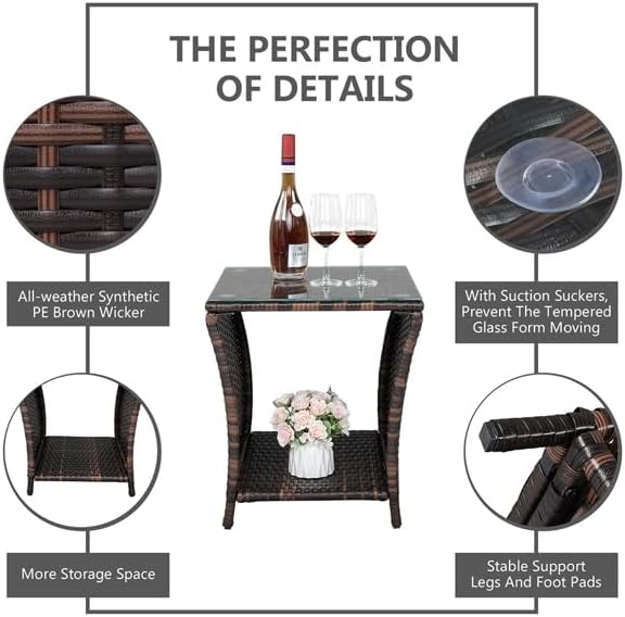Generic Outdoor Patio Wicker Side Table, End Table with Glass Top Rattan Storage for Patio Courtyard Balcony - Brown, 18.1 x 18.1 x 19.5 inches
