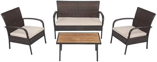 Pemberly Row 4-Piece Patio Rattan Furniture Conversation Set, Brown PE Wicker and Steel Frame, Acacia Wood Table, Ergonomic Design with Cushions, Indoor or Outdoor Seating for Garden or Patio Use