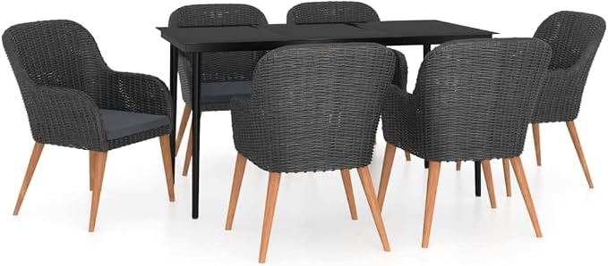 7 Piece Patio Dining Set, Outdoor Wicker Dining Table and Chairs with Dark Gray Cushions, Black Rattan Garden Furniture Set with Glass Tabletop for Backyard, Porch