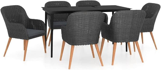 7 Piece Patio Dining Set, Outdoor Wicker Dining Table and Chairs with Dark Gray Cushions, Black Rattan Garden Furniture Set with Glass Tabletop for Backyard, Porch