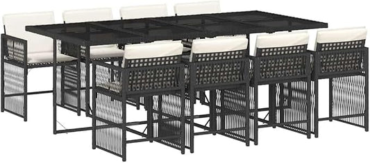 9 Piece Garden Dining Set Black Poly Rattan Outdoor Table and Chairs for 8 Persons Modern Patio Furniture Set with Large Dining Table and High Back Foldable Chairs for Backyard