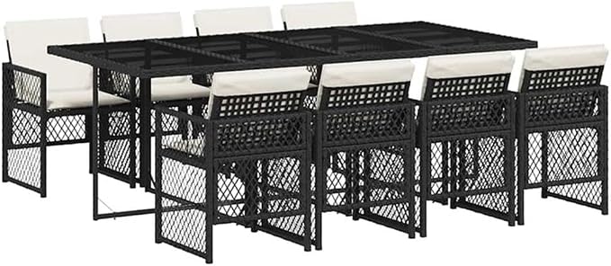 Afuera Living 9-Piece Patio Dining Set, Poly Rattan and Powder-Coated Steel, Black/Cream White, 41.7 x 86.6 x 28.7 in, Tempered Glass Top, Weather-Resistant Outdoor Furniture for Garden, Balcony, or
