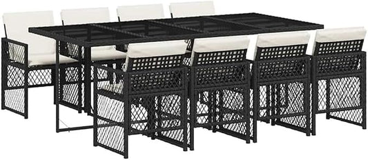 Afuera Living 9-Piece Patio Dining Set, Poly Rattan and Powder-Coated Steel, Black/Cream White, 41.7 x 86.6 x 28.7 in, Tempered Glass Top, Weather-Resistant Outdoor Furniture for Garden, Balcony, or
