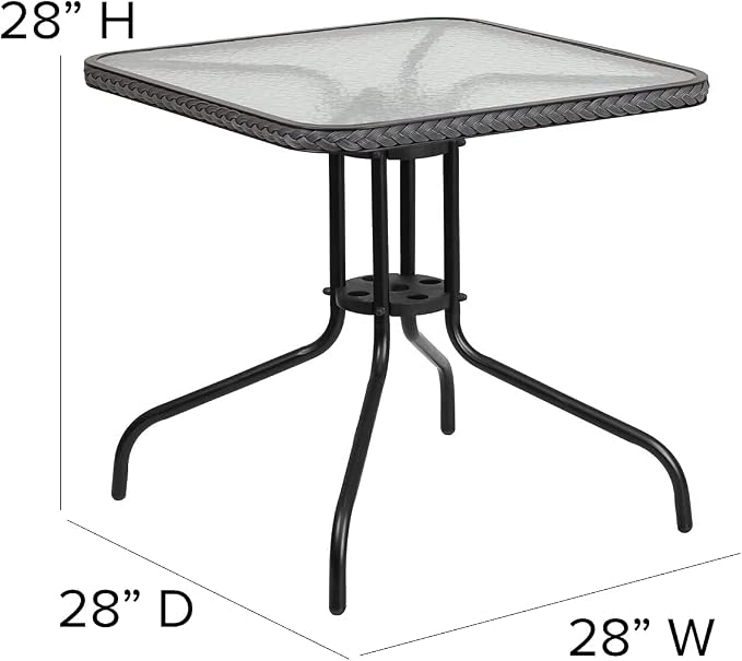 Flash Furniture Barker 28'' Square Tempered Glass Metal Table with Gray Rattan Edging