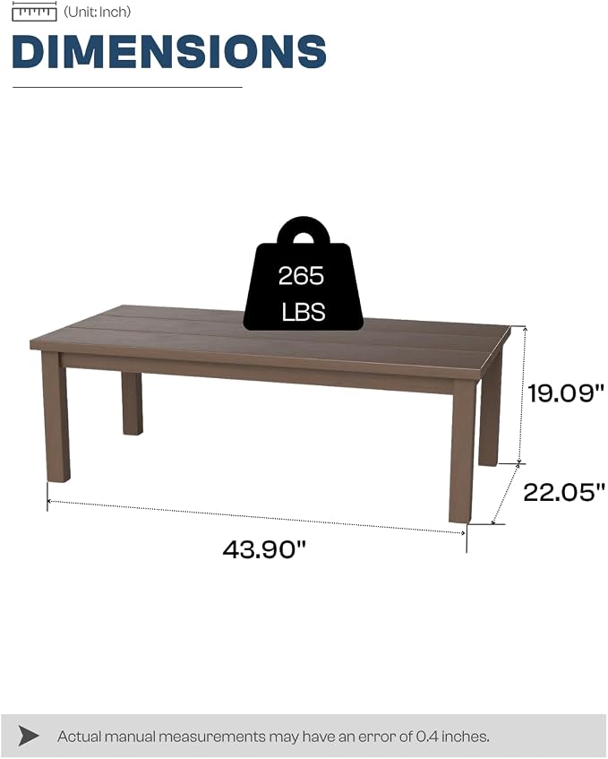 43.9" HDPE Outdoor Coffee Table (Brown) | All-Weather HDPE, Easy Assembly, Low-Maintenance, Large Tabletop, For Patio Deck Poolside Backyard Use