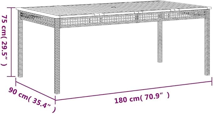 Beige Patio Table 70.9"x35.4"x29.5" with Acacia Wood Top and Poly Rattan Base for Garden, Backyard