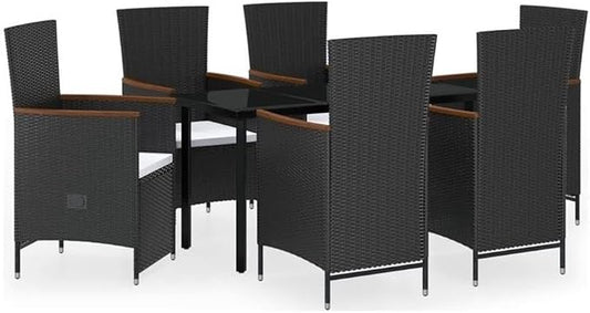 Afuera Living 7-Piece Contemporary Patio Dining Set, Black PE Rattan, Rectangular Tempered Glass Table, Powder-Coated Steel Frame, Adjustable Cushioned Chairs, Outdoor Garden Furniture for 6 People