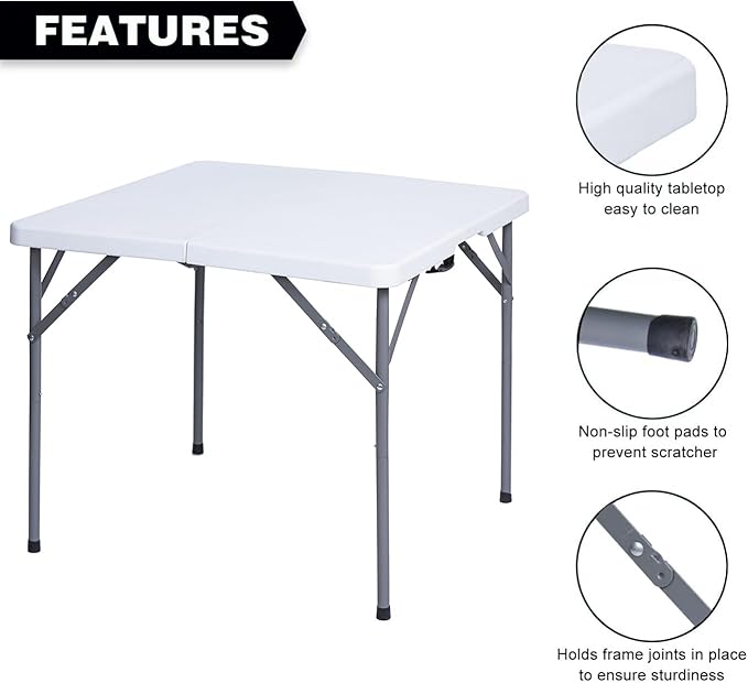 Lakhow 34" Square Folding Table, Fold-in-Half Utility Dining Portable Table Heavy Duty HDPE Plastic Foldable with Carrying Handle Indoor Outdoor for Picnic, Party