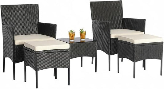 Tangkula 5 Piece Outdoor Wicker Sofa Set, Patiojoy Rattan Sofa Set with Coffee Table & 2 Ottomans, Rustproof Metal Frame, Soft Seat Cushions, Patio Conversation Set for Backyard, Poolside (Off White)