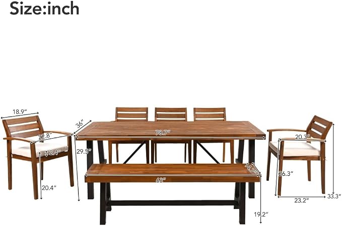 SOFTSEA 7-Piece Outdoor Acacia Wood Dining Table Set with Bench, All Weather Patio Dining Set with Ergonomic Chairs and Removable Cushions, Acacia Wood