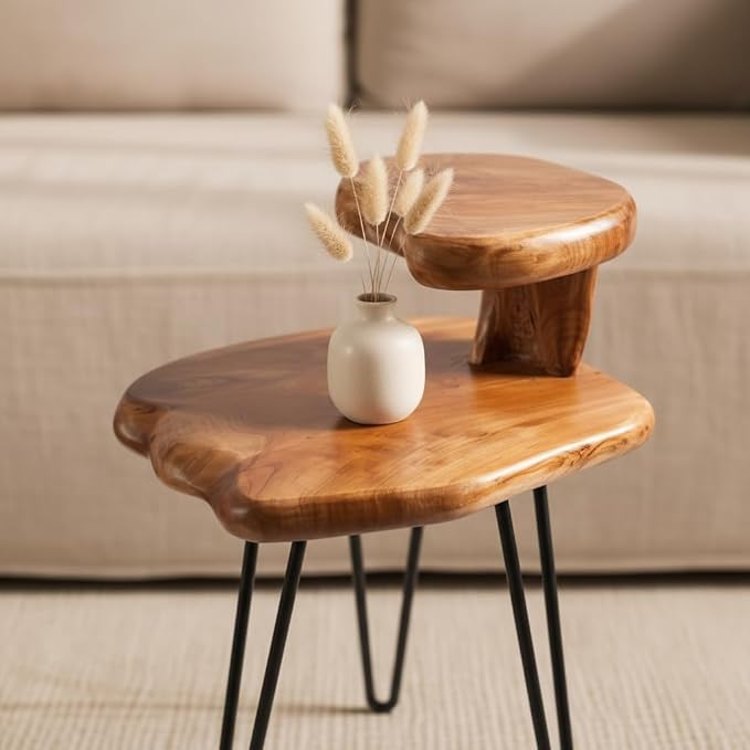 Double-Deck Cedar Solid Wood Coffee Table 16" x 16" x 26" H Natural Shape Accent Vintage Outdoor Side Tables Rustic Plant Stand Couch Live Edge End Tables for Living Room Sofa Patio Bedroom