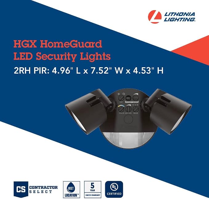 Lithonia Lighting HomeGuard 2-Light LED Outdoor Flood Lights, PIR Sensor | Dark Bronze Motion Sensor LED Lights, Dusk to Dawn, Adjustable Lumens & CCT, Round Heads HGX LED 2RH ALO SWW2 120 PIR DDB