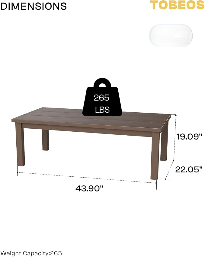 HDPE Outdoor Coffee Table, Weather-Resistant Rectangle Patio Coffee Table with Large Tabletop for Balcony, Deck, Garden, Poolside (Brown)