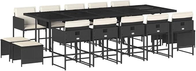 14-Seater Garden Dining Set, Rectangular PE Rattan Outdoor Patio Furniture with Powder-Coated Steel Frame, Black and Cream