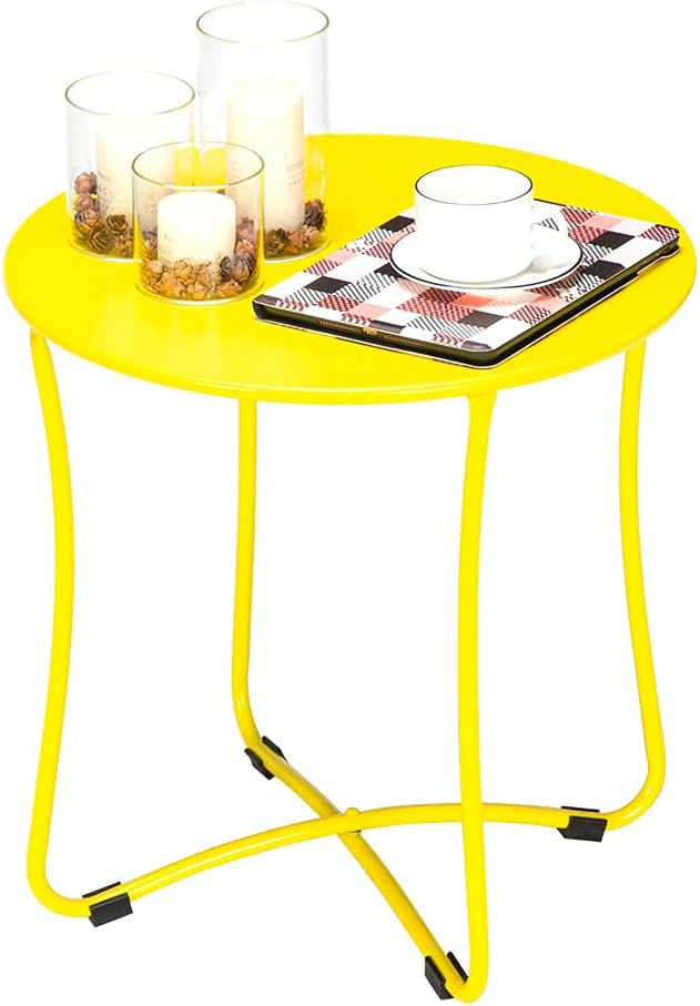 18" Metal Side Table, Small Round Table Terrace Wrought Iron Side Table Weather Resistant Outdoor End Table, Blue (Golden)