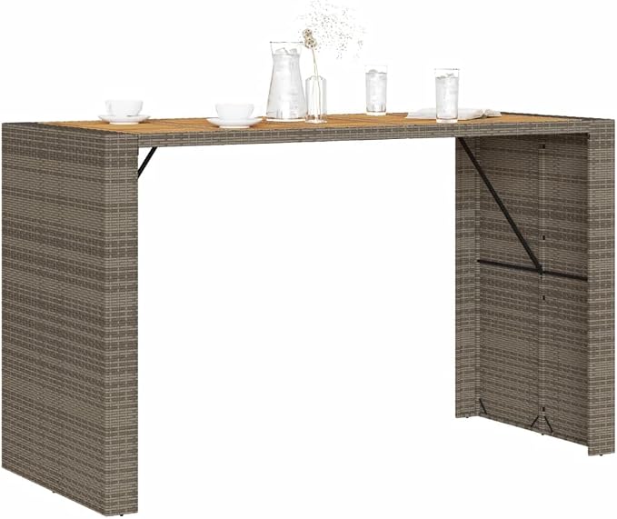 72.8 Inch Outdoor Bar Table Grey Rectangular Synthetic Rattan with Acacia Wood Top for Patio Garden Terrace Cocktail and Dining Furniture