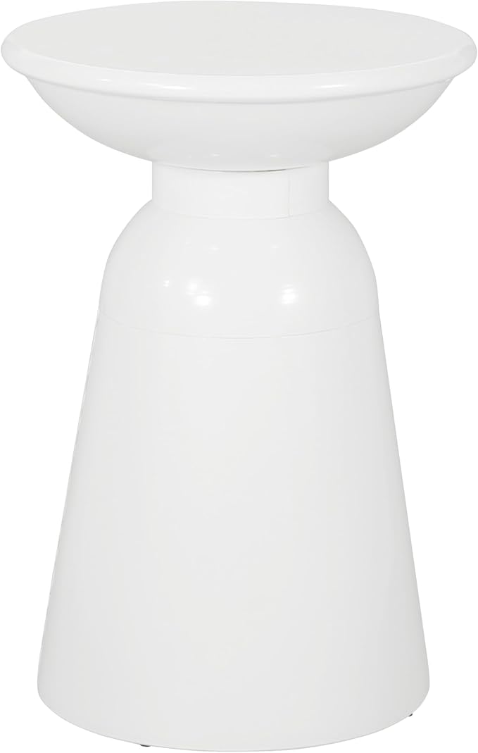 Benzara Suma Outdoor End Table, Round 15 Inch Top, Pedestal Base, White Iron