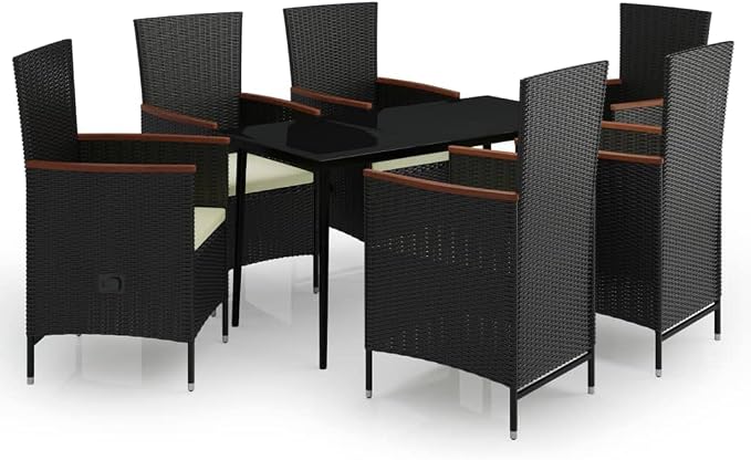 7 Piece Patio Dining Set with Reclining Rattan Chairs, Outdoor Garden Table and 6 Cushioned Seats for Backyard and Deck, Black