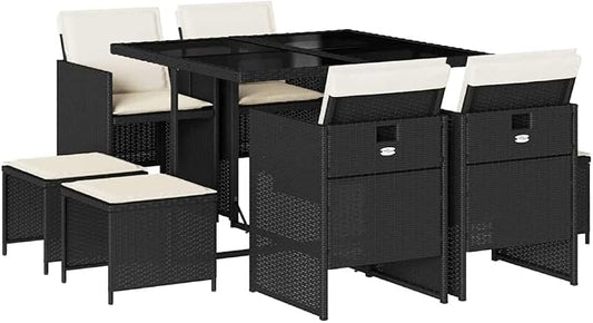 9 Piece Garden Dining Set with Cushions, Black Poly Rattan Patio Furniture Set, Space Saving Cube Outdoor Dining Table Chairs and Stools for Backyard or Balcony