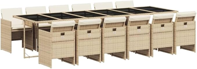 13 Piece Patio Dining Set with Cushions Beige Poly Rattan Outdoor Dining Table for 12 People Garden Furniture Set with Foldable Chairs Tempered Glass Top UV Proof Space Saving for Backyard Poolside