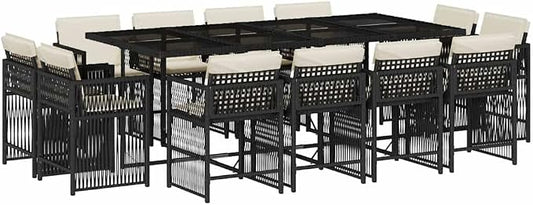13 Piece Patio Dining Set, 12 Person Outdoor Rattan Furniture Set with Large Tempered Glass Table and Cushioned Chairs for Backyard Garden Deck, Black and Cream White