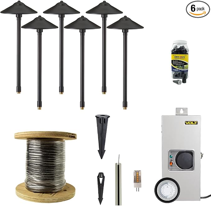 VOLT 12V Max Spread 2700K LED Path Light 6-Pack Kit (Black) | Solid Brass Fixtures, 150W Low Voltage Transformer, 3W G4 LED Bulbs Produce 300 Lumens of Warm White Light