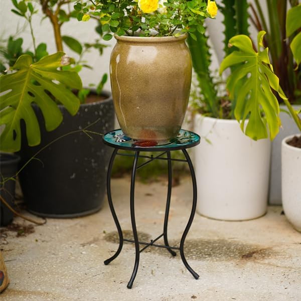 10 Inch Round Butterfly Glass Side Table, Patio Small Table, Outdoor Side Table, Outdoor Bar Table, Metal Glass End Table for Porch Garden Patio Pool Living Room