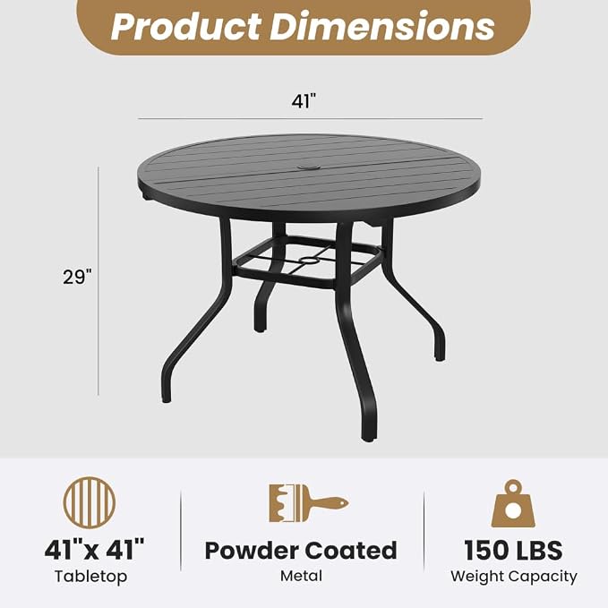 41" Round Outdoor Dining Table, Wood-Like Grain with 1.57" Umbrella Hole, for Backyard and Poolside (Black + Metal & Wood)
