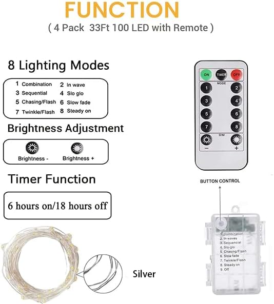 6 Pack Fairy Lights Battery Operated with Remote 33FT 100 LED Cool White | Remote Control, 8 Modes, Timer, Adjustable brightness, Waterproof Lights for Indoor Outdoor Classroom Christmas Decor