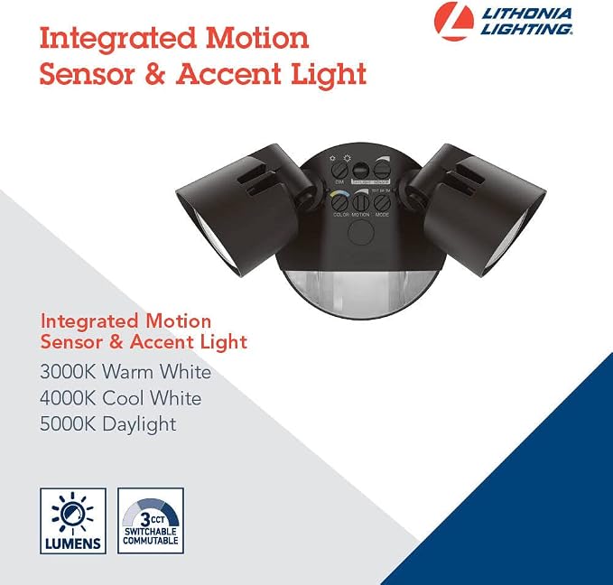 Lithonia Lighting HomeGuard 2-Light LED Outdoor Flood Lights, PIR Sensor | Dark Bronze Motion Sensor LED Lights, Dusk to Dawn, Adjustable Lumens & CCT, Round Heads HGX LED 2RH ALO SWW2 120 PIR DDB
