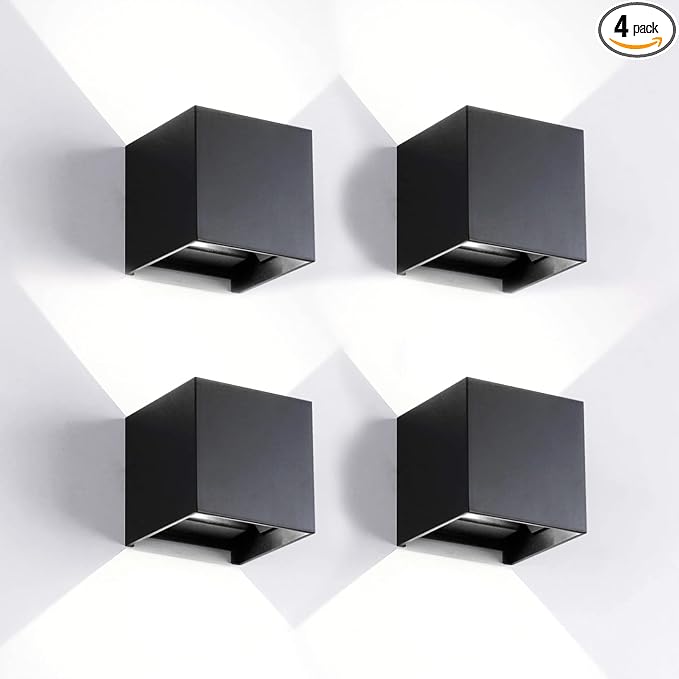 Mille Lucciole 4 Pack Outdoor Wall Lights Exterior/Interior LED Wall Sconces IP65 Waterproof Square Aluminum Wall Lamps Outdoor Lighting Fixture Up and Down Lights Modern Black 12W 6500K Cold Lights