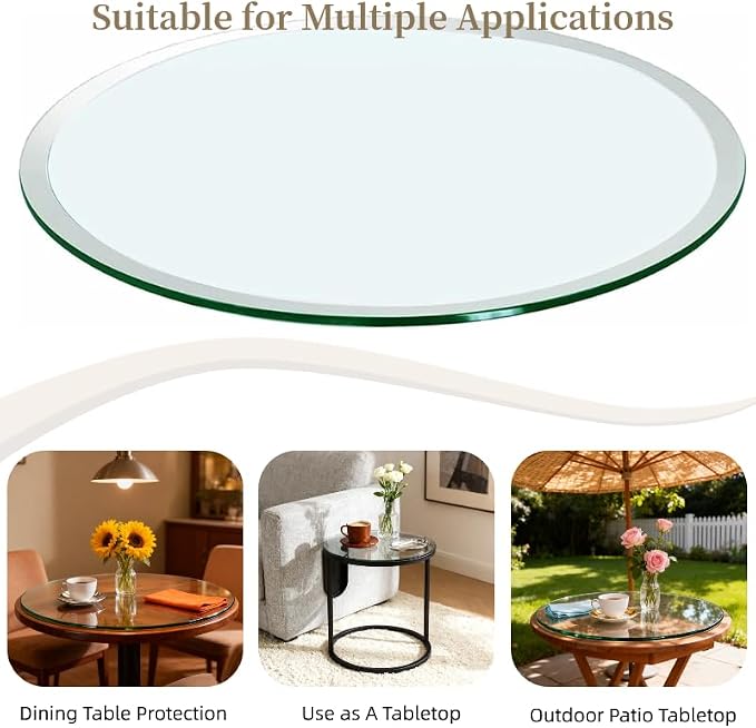 Meihua Glass Table Top, 24 Inch Round 3/8" Thick Beveled Polished Edge, Clear Tempered Glass Surface Protector, Multipurpose for Dining Table, Patio, Coffee and End Table