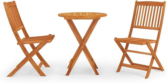 Outdoor Dining Set Brown Round Solid Eucalyptus Wood 23.6 x 23.6 x 29.5 in Foldable 2 Chairs 1 Table Bistro Patio Furniture for Balcony Garden Backyard